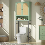 Rattan Toilet Storage Cabinet, Over The Rack Wood Cabinet with Metal Stand, Bathroom Organizer with Adjustable Shelf, Space Saving Cupboard for Small Bathrooms, Washer Shelf, Green