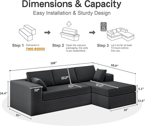 108-inch Boneless Couch for Living Room，Comfy Boneless Sofa with Deep Seats & Chaise Lounge, 3-Seat Modular Sofa Memory Foam Sectional Couches - No Assembly Required(Dark Grey)