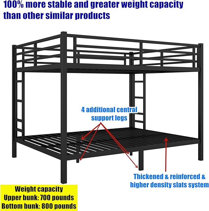 Stronger & Higher Quality Heavy Duty Steel Bunk Bed Queen Over Queen Size Bunkbed, Thickened Safer More Stable Metal Queen Bunk Bed Frame (Faster Assembly)