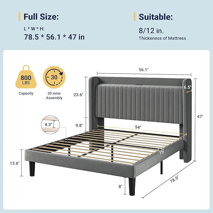 Allewie Full Size Platform Bed Frame with USB Charging Station and Storage Shelf/Upholstered Velvet Wingback Headboard/Wooden Slats Support/No Box Spring Needed/Easy Assembly, Grey