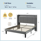 Allewie Full Size Platform Bed Frame with USB Charging Station and Storage Shelf/Upholstered Velvet Wingback Headboard/Wooden Slats Support/No Box Spring Needed/Easy Assembly, Grey