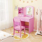 HONEY JOY Kids Vanity, Little Girls Vanity Set with Mirror and Stool and Lights, Wooden Princess Makeup Dressing Table, Storage Box & Shelf, Pretend Play Kids Vanity Table and Chair Set(Pink)
