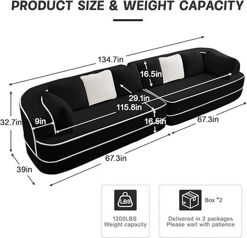 135" Modular Sectional Couch, 4-Seater with Throw Pillows Modern Teddy Fabric Foam Boneless Sofa for Living Room, Oversized with Deep Seat, No Assembly Required,Black