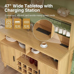 Fluted Buffet Cabinet with Storage, Modern Coffee Bar Cabinet with Outlet, Wine Rack, Cup Holder, Multi-Functional Accent Liquor Cabinet for Living Room, Entryway, Kitchen, Wood