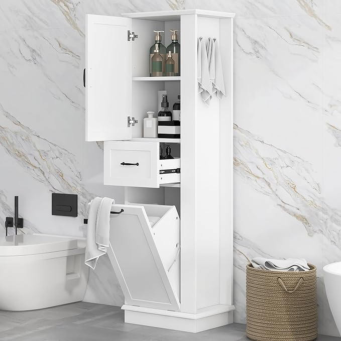 Tall Storage Cabinet, Multi-Use Bathroom Floor Freestanding Storage Cabinet with One Drawer, Adjustable Shelf, and One Tilt-Out Compartment for Bathroom, Office, Living Room, White