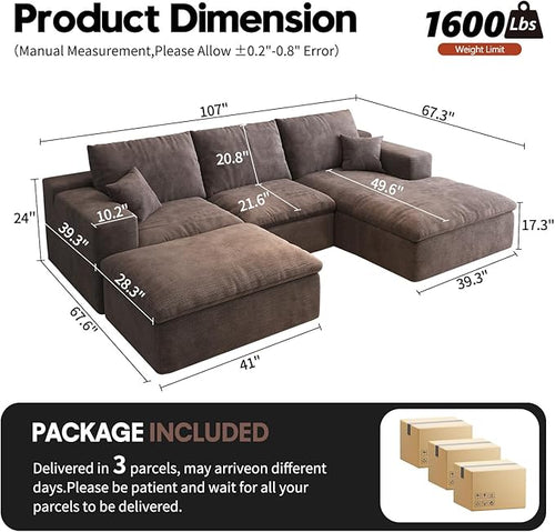 107'' U-Shaped Modern Modular Sectional Cloud Couch Whit Ottoman, 4-Seat Chenille Deep-Seat Sofa with Pillow for Living Room, Bedroom, Apartment, Camel
