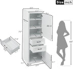 Tall Freestanding Storage Cabinet with 2 Doors & 2 Drawers, Multi-Purpose Organizer with Adjustable Shelf for Bathroom, Office, Living Room, White