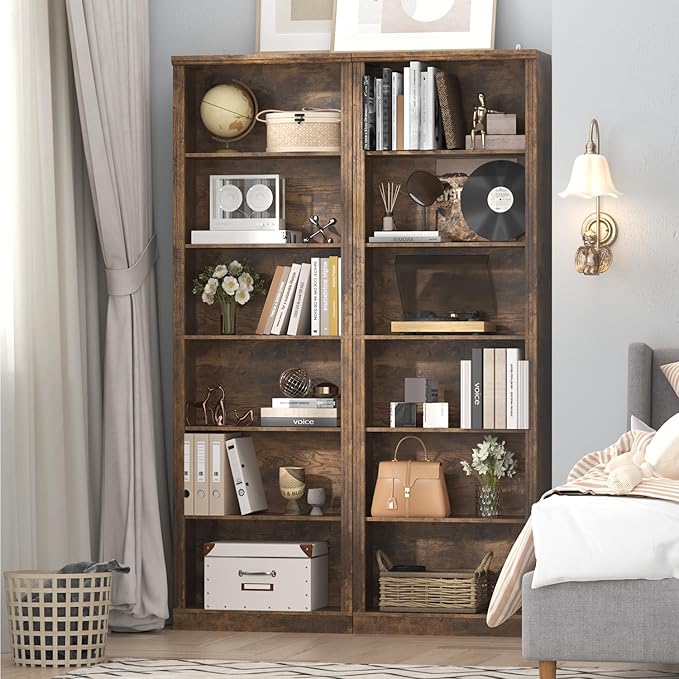 75" Tall Bookshelf & Bookcase Set of 2, 6-Tier Adjustable Storage Shelves, Book Shelf with Anti-Tipping Device, Floor Standing Modern Display Rack for Living Room, Bedroom, Office, Brown