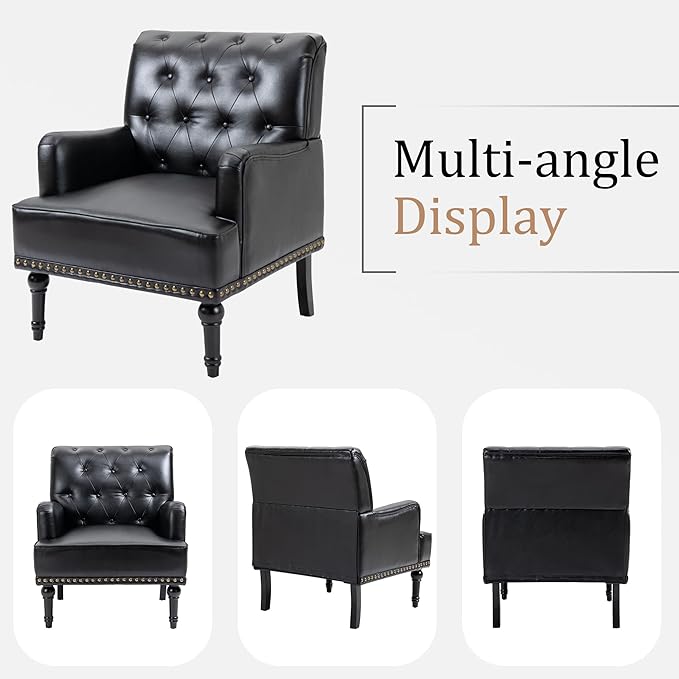 MOJAY Faux Leather Accent Chair, Mid-Century Armchair Living Room Sofa Chair with Rubber Wood Leg, Club Chair with Rivet Trim for Bedroom Reading Room Reception (Black)