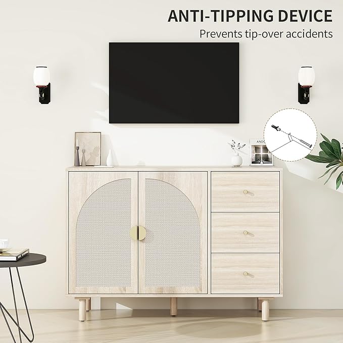 Beige Sideboard Cabinet with 2 Rattan Doors and 3 Drawers, Rattan Buffet Cabinet with Adjustable Shelves & Pine Legs, Boho Sideboard Buffet for Living Room, Kitchen, Entryway, Beige