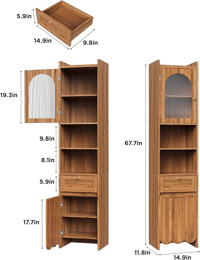 Maupvit 68” Tall Bathroom Storage Cabinet, Narrow Freestanding Cabinet with Fluted Glass Door and Drawer, 3-Tier Adjustable Shelves, Wave-like Panel, 14.9" Wide for Small Space, 8 Compartments, Walnut