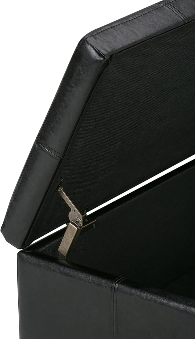 SIMPLIHOME Kingsley 48 inch Wide Transitional Rectangle Large Storage Ottoman in Midnight Black Vegan Faux Leather, Assembled, For the Living Room, Entryway and Family Room