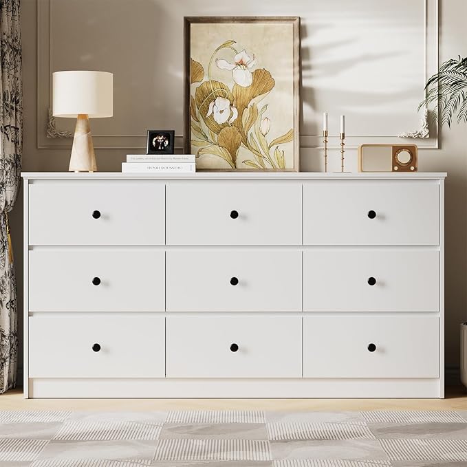 9 Drawer Dresser for Bedroom, 59" Wide White Chest of Drawers, Wooden Dresser with 9 Drawers with Ample Storage, Modern Storage Organizer for Hallway,Nursery