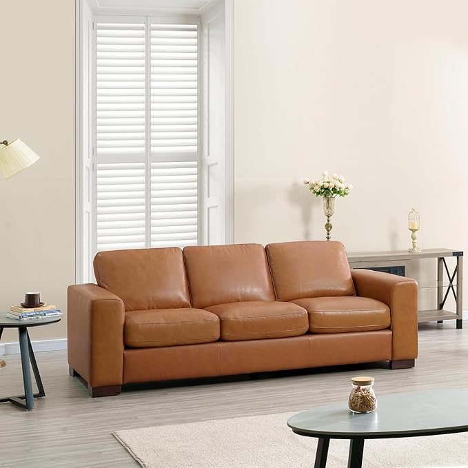Naomi Home Freya Genuine Leather Sofa - Luxurious Comfort, Goose Feather Cushion Filling, Square Arm Design, Sturdy Block Legs, Elegant Tan - Ideal for Living Room, Office, or Bedroom