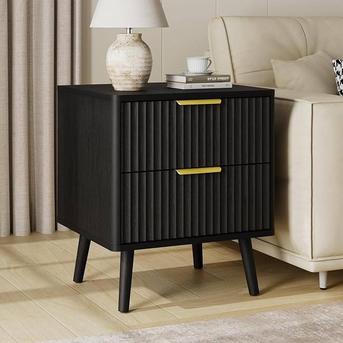 LYNSOM Fluted Dresser and Nightstand Sets 4 Piece, 2-Drawer Nightstands and 5/7 Drawers Dresser, Wood Bedroom Furniture Set for Home, Bedroom, Hallway, Black