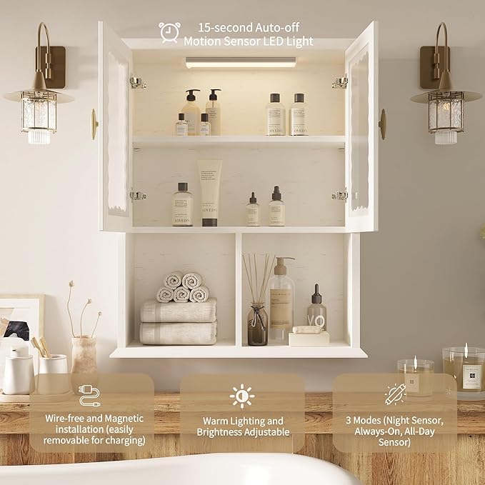 CJL Bathroom Wall Cabinet with Motion Sensor Led Light, Over The Toilet Storage Cabinet, 23.6'' x 29.5'' Medicine Cabinet of Mid-Century Modern Design with Acrylic Door, White