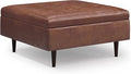 SIMPLIHOME Shay 38 inch Wide Mid Century Modern Large Square Coffee Table Storage Ottoman in Distressed Saddle Brown Vegan Faux Leather, Assembled, For the Living Room, Entryway and Family Room