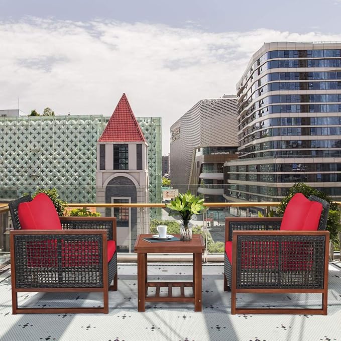 COSTWAY 3 Pieces Wicker Patio Furniture Set, Outdoor Wicker Sofa with Acacia Wood Frame, Coffee Table & Washable Cushions, Rattan Conversation Sets for Yard, Porch, Bistro, Balcony, Backyard, Red