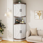 64.8" Farmhouse Corner Cabinet, Dining Room Tall Corner Cabinet with 4 Barn Doors and 5 Storage Shelves, Bar Storage Cabinets for Kitchen, Living Rooms, Laundry Room White
