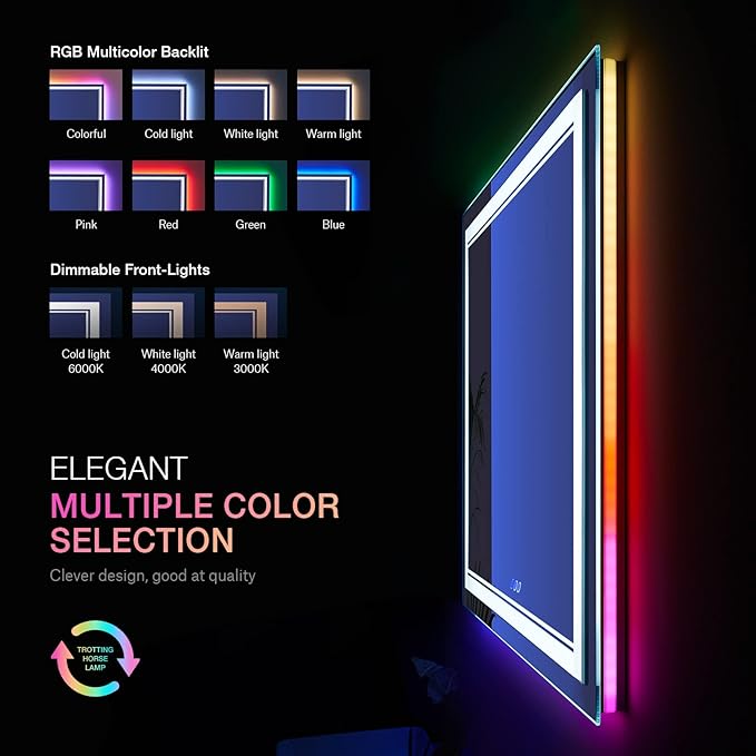 38x38 Inch RGB LED Bathroom Mirror with Lights, Color Changing RGB Backlit LED Mirror for Bathroom,Lighted Vanity Mirrors for Bathroom Wall, Dimmable, Anti-Fog (RGB Backlit+Front-Lit)