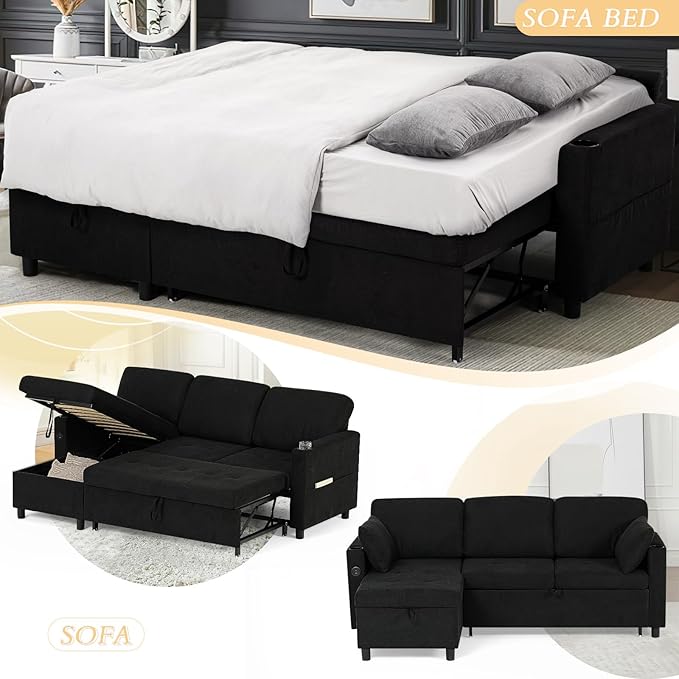 84" Sectional Pull Out Sofa Bed with Adjustable Backrests, L-Shaped Sleeper Sofa with USB Ports, Upholstered Reversible Couch with Cup Holder & Storage Space for Living Room, House, Black