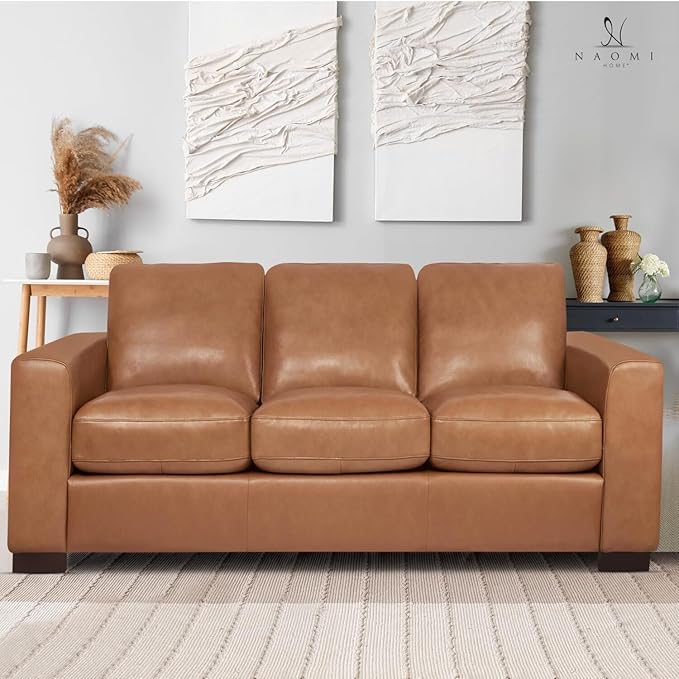 Naomi Home Freya Genuine Leather Sofa - Luxurious Comfort, Goose Feather Cushion Filling, Square Arm Design, Sturdy Block Legs, Elegant Tan - Ideal for Living Room, Office, or Bedroom