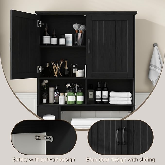 Over The Toilet Storage Cabinet, Farmhouse Storage Cabinet Over Toilet with Barn Door& Toilet Paper Holder Stand，Home Space-Saving Toilet Rack, for Bathroom, Restroom, Laundry.Pure Black