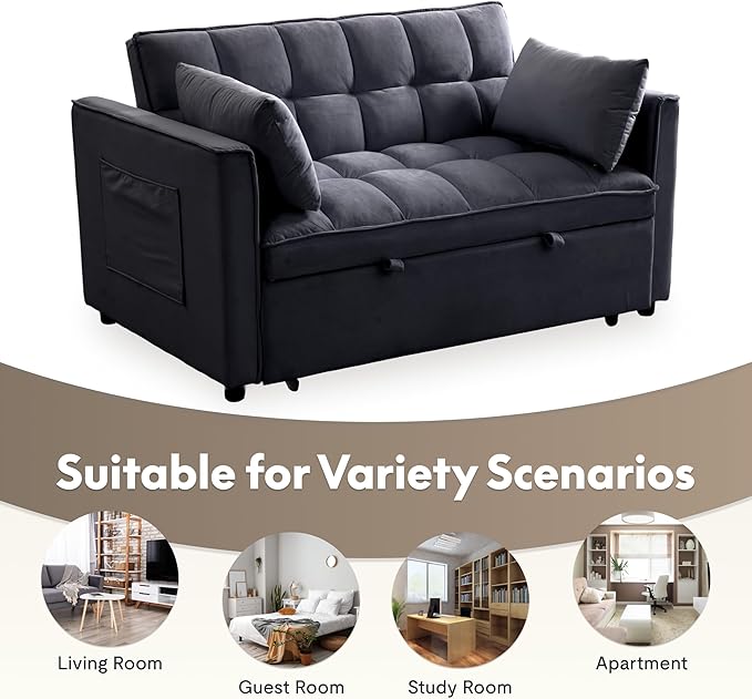 FLEXISPOT XCT4 3-in-1 Convertible Loveseat Sofa Bed for Small Spaces, Velvet Pull Out Couch with Adjustable Backrest, Compact Twin Sleeper Chaise Lounge Futon for Apartment Dorm RV Guest Room, Black