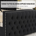AMERLIFE California King Size Platform Bed Frame, Velvet Upholstered Bed with Deep Button Tufted & Nailhead Trim Wingback Headboard/No Box Spring Needed,Black