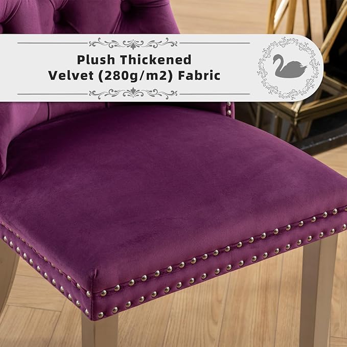 Velvet Upholstered Dining Chairs Set of 8, Modern Kitchen Side Chairs with Nailhead Trim and Silver Plated Leg, Metal Pulling Ring for Dining Room Living Room(Purple-Silver Plated Leg)