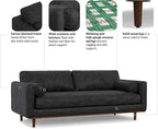 SIMPLIHOME Morrison 89-inch Wide Sofa in Lead Black Genuine Leather, Mid-Century Modern Design Couch for Living Room, Single Bench Cushion, 2 Back Cushions, 2 Bolster Pillows