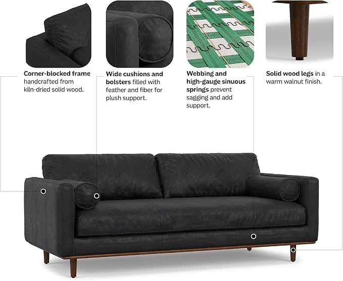 SIMPLIHOME Morrison 89-inch Wide Sofa in Lead Black Genuine Leather, Mid-Century Modern Design Couch for Living Room, Single Bench Cushion, 2 Back Cushions, 2 Bolster Pillows
