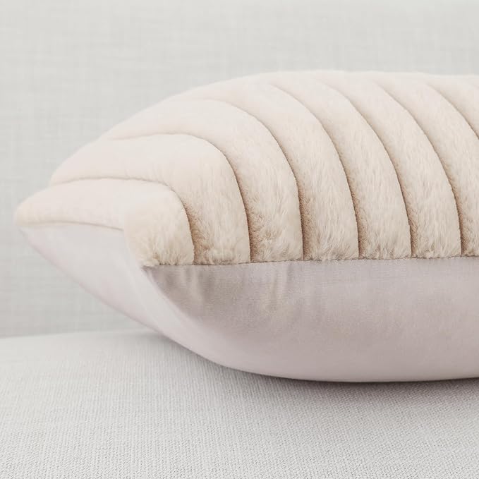 Pallene Faux Fur Plush Throw Pillow Covers 20x20 Set of 2, Luxury Soft Fluffy Striped Decorative Pillow Covers for Sofa, Couch, Living Room, Apricot