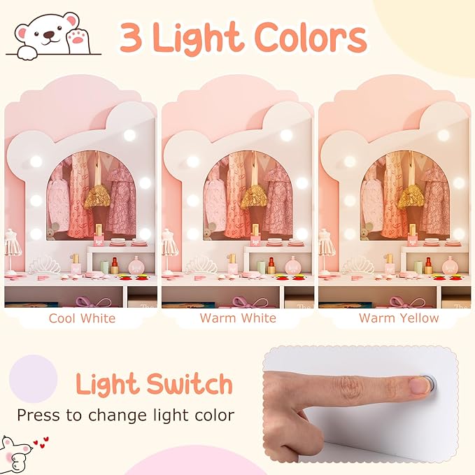 Costzon Kids Vanity with Lights, Girls Vanity Set with Mirror, Storage Drawers, Cabinet & Shelves, Toddler Makeup Vanity Desk Dressing Table, Wooden Kids Vanity Table and Chair Set (White)