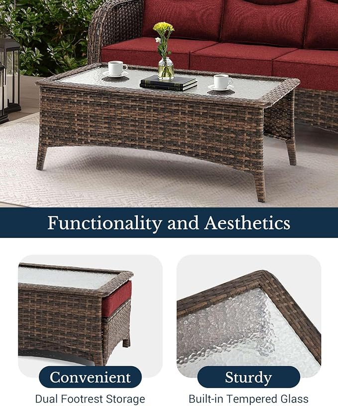 HILLGA Luxury Patio Furniture Set with 6-Inch Thick Cushions, High Back Outdoor Swivel Rocker Chairs and Patio Couch, 10-Piece All Weather Conversation Set for Porch Deck Pool Yard, Burgundy (V3)