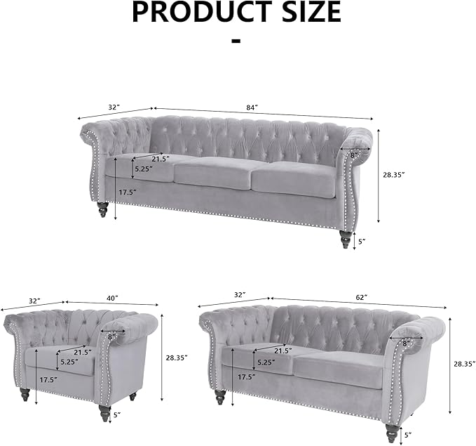 2 Piece Living Room Sofa Set, 3 Seater Velvet Sofa Couch and Chair Set, Mid Century Modern Upholstered Couch with Cushions, Comfy Tufted Chesterfield Couches for Living Room, Bedroom, Office