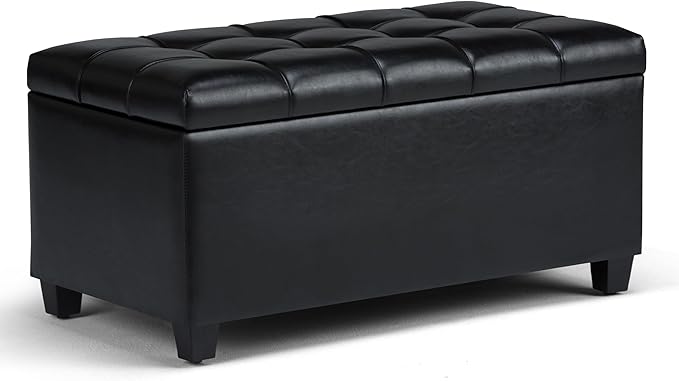SIMPLIHOME Sienna 33 inch Wide Transitional Rectangle Storage Ottoman Bench in Midnight Black Vegan Faux Leather, Assembled, For the Living Room, Entryway and Family Room
