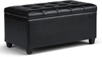 SIMPLIHOME Sienna 33 inch Wide Transitional Rectangle Storage Ottoman Bench in Midnight Black Vegan Faux Leather, Assembled, For the Living Room, Entryway and Family Room
