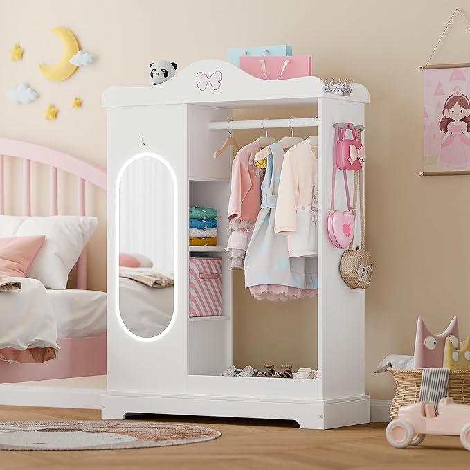 Xilingol Kids Armoire with a Jewelry Cabinet, Princess Dress Up Closet with Mirror, Kids Wardrobe Closet with Storage Shelves, Armoire Costume Organizer for Bedroom, Kids Room, Girl (White)