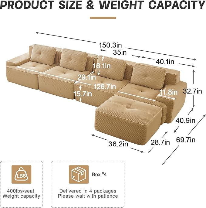 150.4” Camel Boneless Couches for Living Room, Modular Sectional Sofa with L-Shape Chaise, 4 Seater Comfy Upholstered Deep Seat Corduroy Fabric Cloud Couch No Assembly, Anti-Slip Design