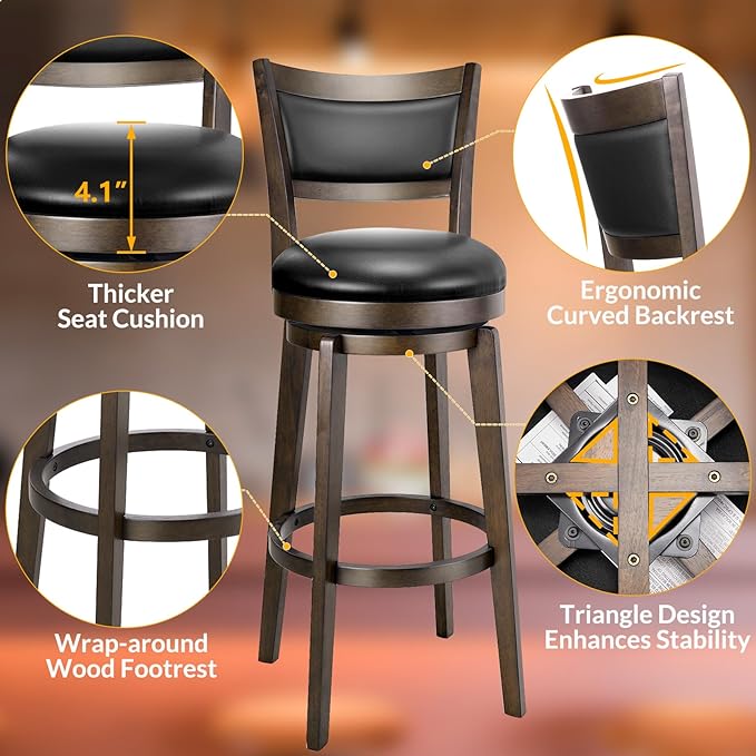 PrimeZone Swivel Bar Stools Set of 2, 32 Inch Tall Bar Height Barstools, Black Faux Leather Bar Stool with High Backrest & Solid Wood Legs & Wrap-Around Footrest, Counter Stools for Pub