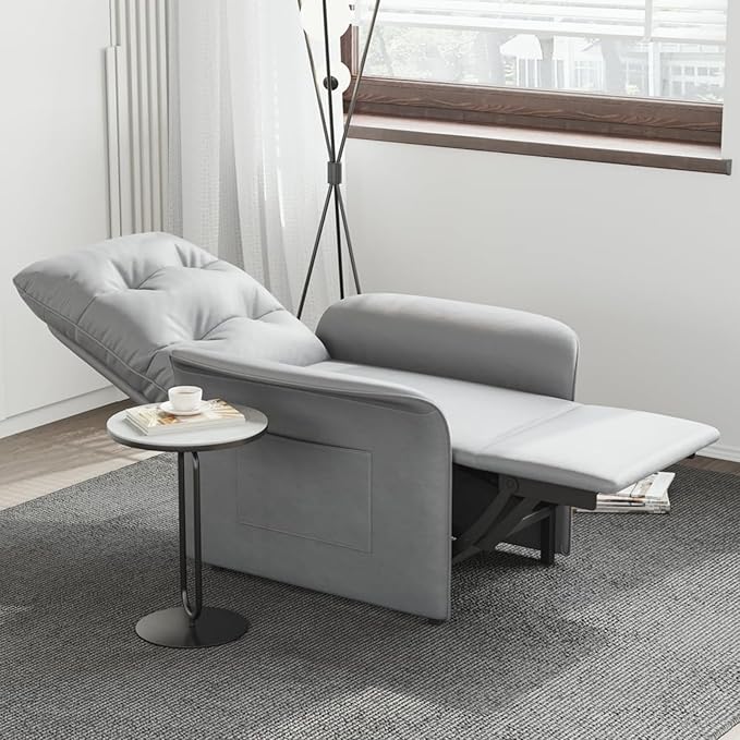 Power Recliner Accent Chair with Side Pocket High-Back 180° Recline Faux Leather Living Room Chairs, Comfy Chair for Bedroom Reading (Gray)