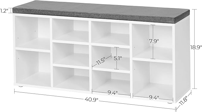 VASAGLE CUSTOS Collection - Shoe Bench, Storage Bench with Padded Seat, Entryway Bench with 10 Compartments, for Bedroom, 11.8 x 40.9 x 18.9 Inches, Cloud White and Dove Gray ULHS010W01