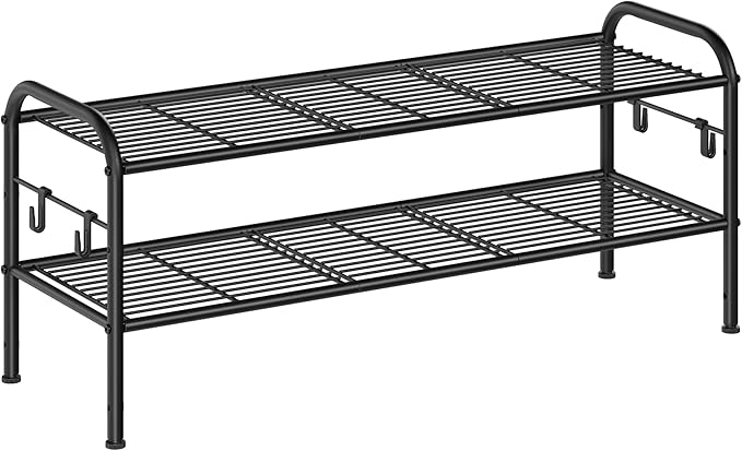 SONGMICS Shoe Rack, 2-Tier Shoe Organizer, Metal Shoe Shelf Storage with 4 Side Hooks, Holds 10 Pairs of Shoes, Height-Adjustable Shoe Rack for Entryway, Hallway, Closet, Easy Assembly, Ink Black