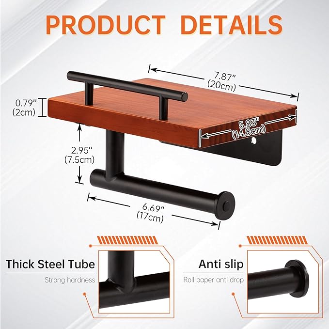 Toilet Paper Holder with Wood Shelf, Wall Mount Toilet Paper Roll Holder with Wooden Shelf and Matte Black Stainless Steel Pipe, Tissue Roll Holder for Bathroom Washroom (Dark Brown, 7.9'' x 5.9'')