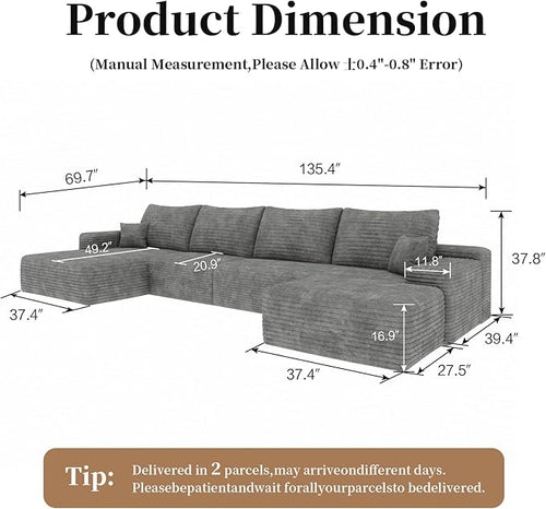 135.4" Large Cloud Modular Sectional Couch with Ottoman, Minimalist Upholstered Couches, Comfort U Shaped Sofa for Living Room,Deep Seat Corner Couch，No Assembly Required (Grey,Left Facing Chaise)