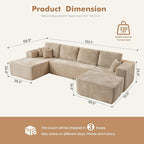 133.1'' Boneless Sectional Couches for Living Room, Oversized Cloud Couch with Chaise & Ottoman, Modular Sofa Sets Deep Seat Plush Corduroy, No Assembly Required,Plush Corduroy,Beige