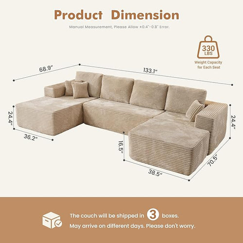 133.1'' Boneless Sectional Couches for Living Room, Oversized Cloud Couch with Chaise & Ottoman, Modular Sofa Sets Deep Seat Plush Corduroy, No Assembly Required,Plush Corduroy,Beige