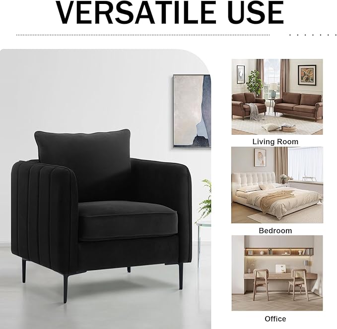 Velvet Accent Chair, Comfy Upholstered Single Sofa Chair Mid-Century Modern Armchair with Thick Cushion and Wood Frame Side Chair for Living Room Bedroom Apartment (Black)