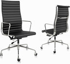 Ribbed Office Chair with Top Grain Leather - High Back Ergonomic Desk Chair with Aluminum Arms & Frame, Swivel Wheels & Tilt Function, Adjustable Height